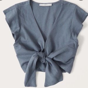 Abercrombie & Fitch Tie Front Crop Top, linen blend, blue, ruffle sleeve, XS